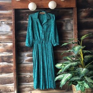 Teal vintage dress / kelly green shirtdress flare